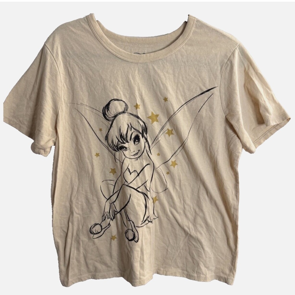 Disney Tinkerbell Gold Stars Creme Cotton Blend Womens T Shirt Top Size L Large